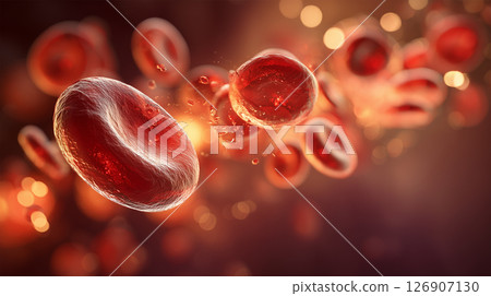 3D macro of red blood cells flowing through blood 126907130