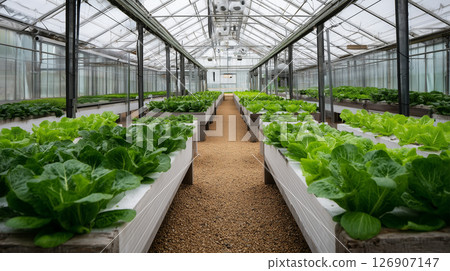 Fresh vegetables and greenery growing in a greenhouse 126907147