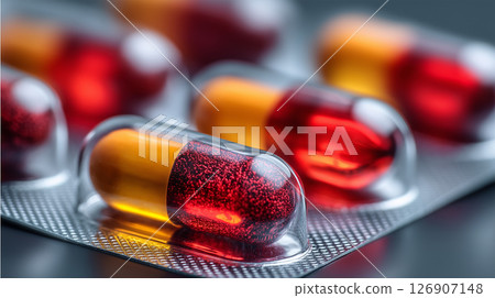 Pharmaceutical capsules close-up and packaging 126907148