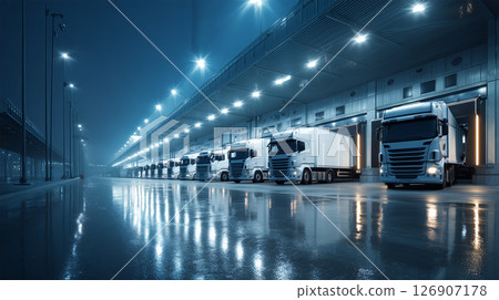 物流倉庫和排隊的送貨卡車 126907178