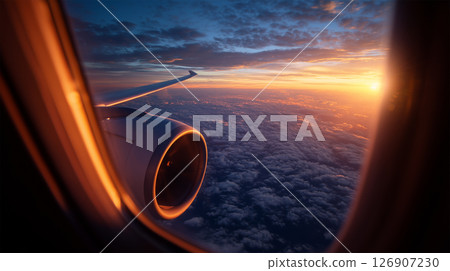 從飛機窗口看到的日落雲海 126907230