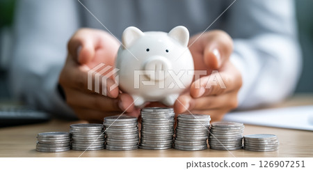 Minimalist savings scene with piggy bank and stacked coins, concept of increasing wealth Minimalist savings scene with piggy bank and stacked coins, concept of increasing wealth 126907251