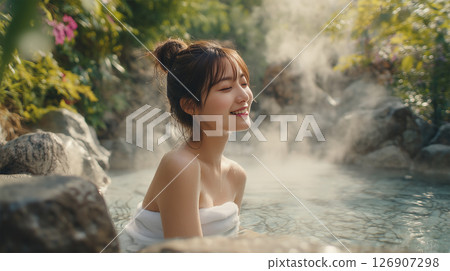 A Japanese woman relaxing in an open-air bath in the morning 126907298