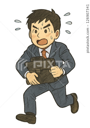 一名身穿西裝的男子因為快要遲到而奔跑的插圖、一名商人趕著去上班的手繪風格素材、一名通勤途中匆忙的人 126907341