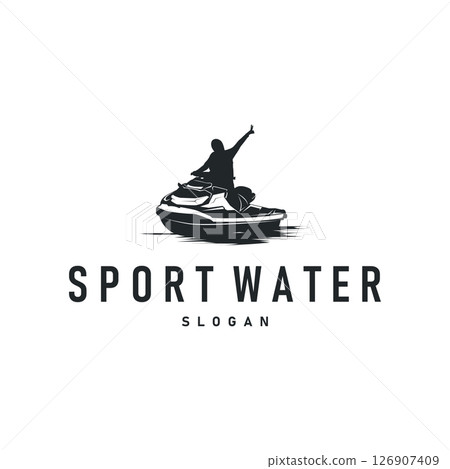 water sport jet ski logo design extreme ocean sport with simple concept black silhouette and vintage retro water racing illustration template symbol 126907409