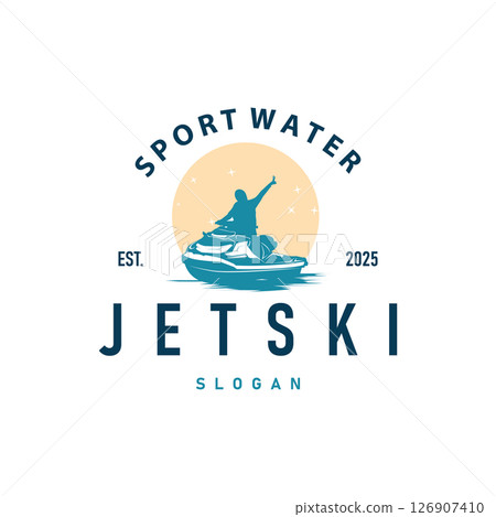 water sport jet ski logo design extreme ocean sport with simple concept black silhouette and vintage retro water racing illustration template symbol 126907410