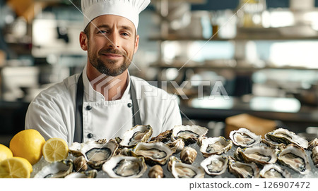 Image of a Caucasian chef at an oyster bar preparing food in the kitchen 126907472