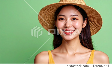 Yellow and straw hats stand out against the green Yellow and straw hats stand out against the green 126907551