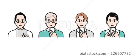 Simple vector illustration set of four middle-aged men holding smartphones and tablet devices 126907782