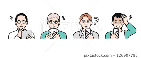 A simple vector illustration set of four middle-aged men looking at a smartphone or tablet device and worrying A simple vector illustration set of four middle-aged men looking at a smartphone or tablet device and worrying 126907783