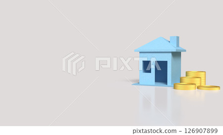 The Blue house and coins for Building concept 3d Rendering. The Blue house and coins for Building concept 3d Rendering. 126907899