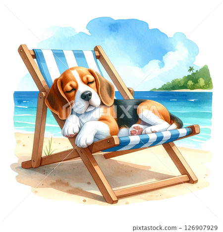 Watercolor illustration of a beagle napping on a beach chair 2 / Material for flyers and posters 126907929