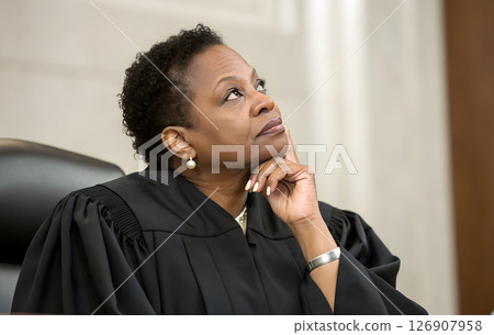 Thoughtful Black female judge in a robe sitting at desk with hand on chin 126907958