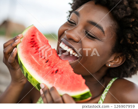 Joyful young Black woman eating a slice of watermelon outdoors on a sunny day 126907959