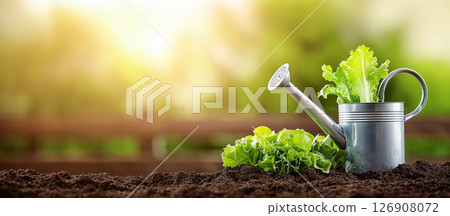 Watering can and leafy greens in lush garden setting with morning sunlight Watering can and leafy greens in lush garden setting with morning sunlight 126908072