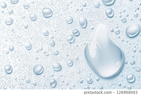 Water droplets on a smooth surface in various sizes and shapes 126908083
