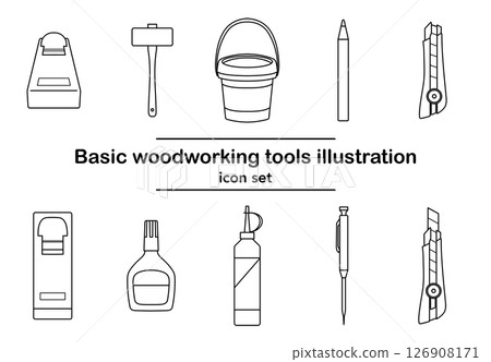 Icon set of basic woodworking tools (line drawing) | saw, hammer, cutter, glue, woodworking tools 126908171