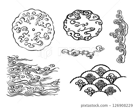Black Japanese style line art illustration. Brush stroke waves set. Ocean, splashes and whirlpools concept. Japanese wave collection 126908229