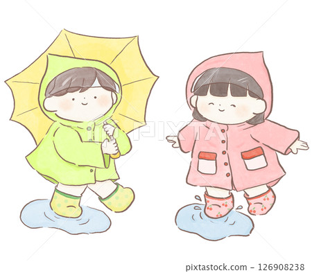 Children wearing raincoats on a rainy day 126908238