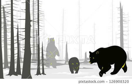 Vector Bears in winter forest landscape illustration drawing Vector Bears in winter forest landscape illustration drawing 126908320