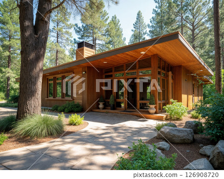 Modern wooden house with angular roof 126908720