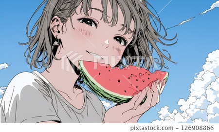 年輕女子吃西瓜 126908866
