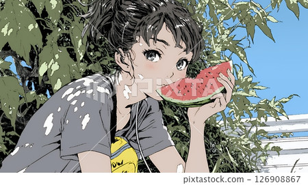 年輕女子吃西瓜 126908867