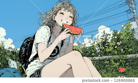 年輕女子吃西瓜 126908868