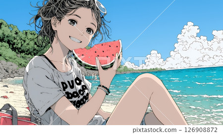 Young woman eating watermelon on the beach 126908872