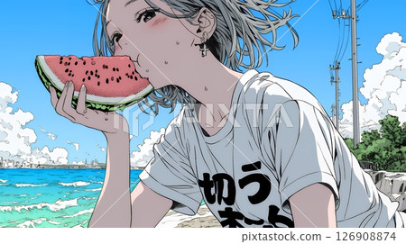 Young woman eating watermelon on the beach 126908874