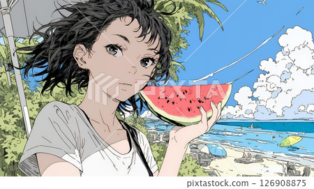 年輕女子在沙灘上吃西瓜 126908875