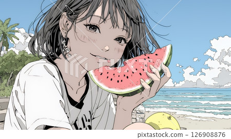 年輕女子在沙灘上吃西瓜 126908876