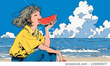 年輕女子在沙灘上吃西瓜 126908877