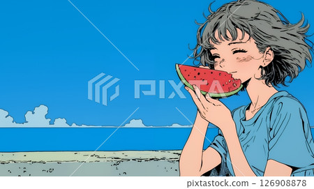 年輕女子在沙灘上吃西瓜 年輕女子在沙灘上吃西瓜 126908878