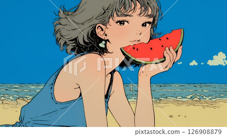 Young woman eating watermelon on the beach 126908879