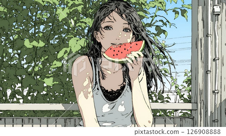 一位年輕女子在陽台上吃西瓜 一位年輕女子在陽台上吃西瓜 126908888
