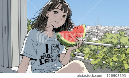 A young woman eating watermelon on the veranda 126908893