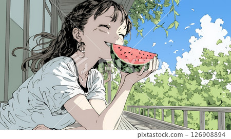 一位年輕女子在陽台上吃西瓜 一位年輕女子在陽台上吃西瓜 126908894