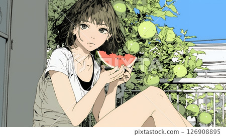 一位年輕女子在陽台上吃西瓜 126908895