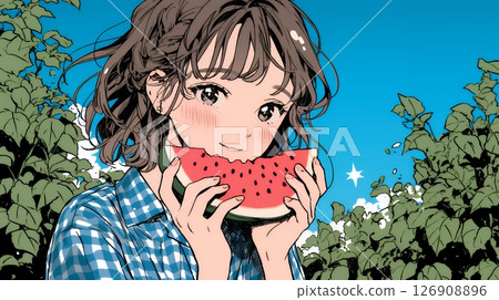 A young woman eating watermelon on the veranda 126908896