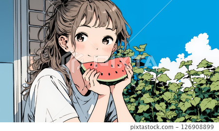 A young woman eating watermelon on the veranda A young woman eating watermelon on the veranda 126908899