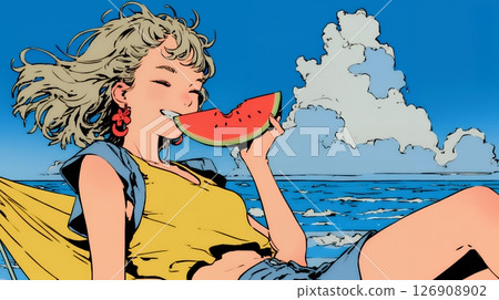 Young woman eating watermelon on the beach 126908902