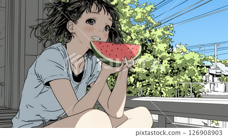 一位年輕女子在陽台上吃西瓜 126908903