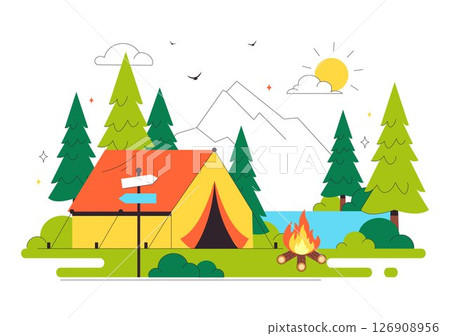 Happy Summer Camping Vector Illustration Featuring a Mountain or Forest Setting for Expedition, Travel, Exploration, and Outdoor Recreation Background Happy Summer Camping Vector Illustration Featuring a Mountain or Forest Setting for Expedition, Travel, Exploration, and Outdoor Recreation Background 126908956