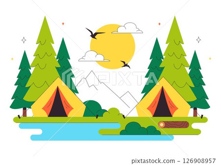 Happy Summer Camping Vector Illustration Featuring a Mountain or Forest Setting for Expedition, Travel, Exploration, and Outdoor Recreation Background 126908957
