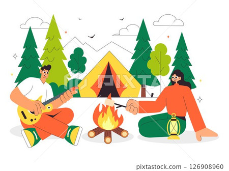 Happy Summer Camping Vector Illustration Featuring a Mountain or Forest Setting for Expedition, Travel, Exploration, and Outdoor Recreation Background 126908960