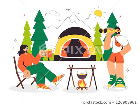 Happy Summer Camping Vector Illustration Featuring a Mountain or Forest Setting for Expedition, Travel, Exploration, and Outdoor Recreation Background 126908961