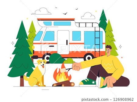 Happy Summer Camping Vector Illustration Featuring a Mountain or Forest Setting for Expedition, Travel, Exploration, and Outdoor Recreation Background 126908962