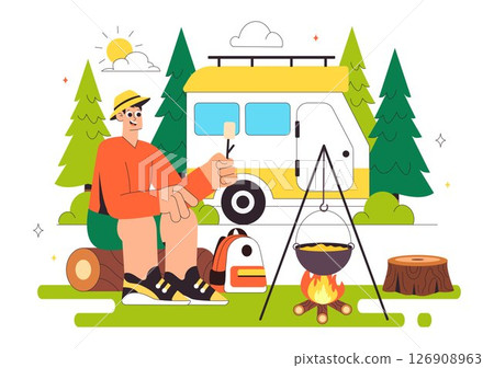 Happy Summer Camping Vector Illustration Featuring a Mountain or Forest Setting for Expedition, Travel, Exploration, and Outdoor Recreation Background 126908963