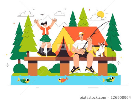 Happy Summer Camping Vector Illustration Featuring a Mountain or Forest Setting for Expedition, Travel, Exploration, and Outdoor Recreation Background Happy Summer Camping Vector Illustration Featuring a Mountain or Forest Setting for Expedition, Travel, Exploration, and Outdoor Recreation Background 126908964